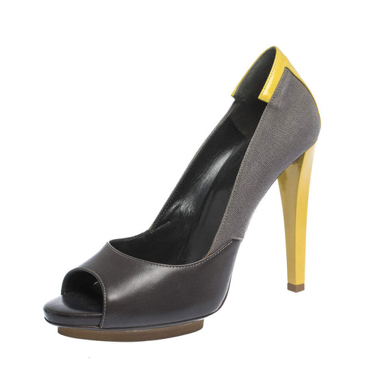 Original Balenciaga Grey/Yellow Canvas and Leather Peep Toe Pumps Size 38