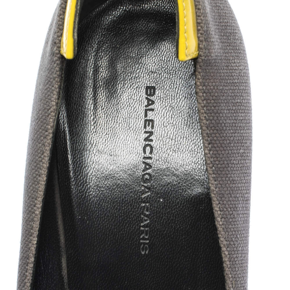 Original Balenciaga Grey/Yellow Canvas and Leather Peep Toe Pumps Size 38