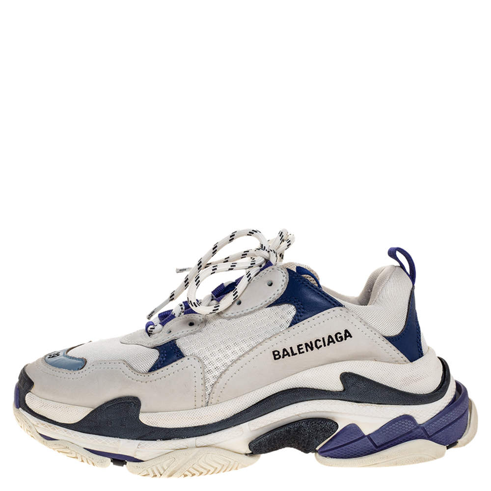 Original Balenciaga White/Purple Leather and Mesh Triple S Platform Sneakers Size 39