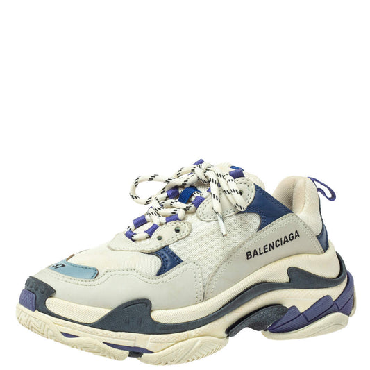 Original Balenciaga White/Blue Mesh And Leather Triple S Low Top Sneakers Size 37