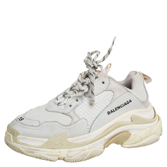 Original Balenciaga White/Grey Leather And Mesh Triple S Low Top Sneakers Size 38