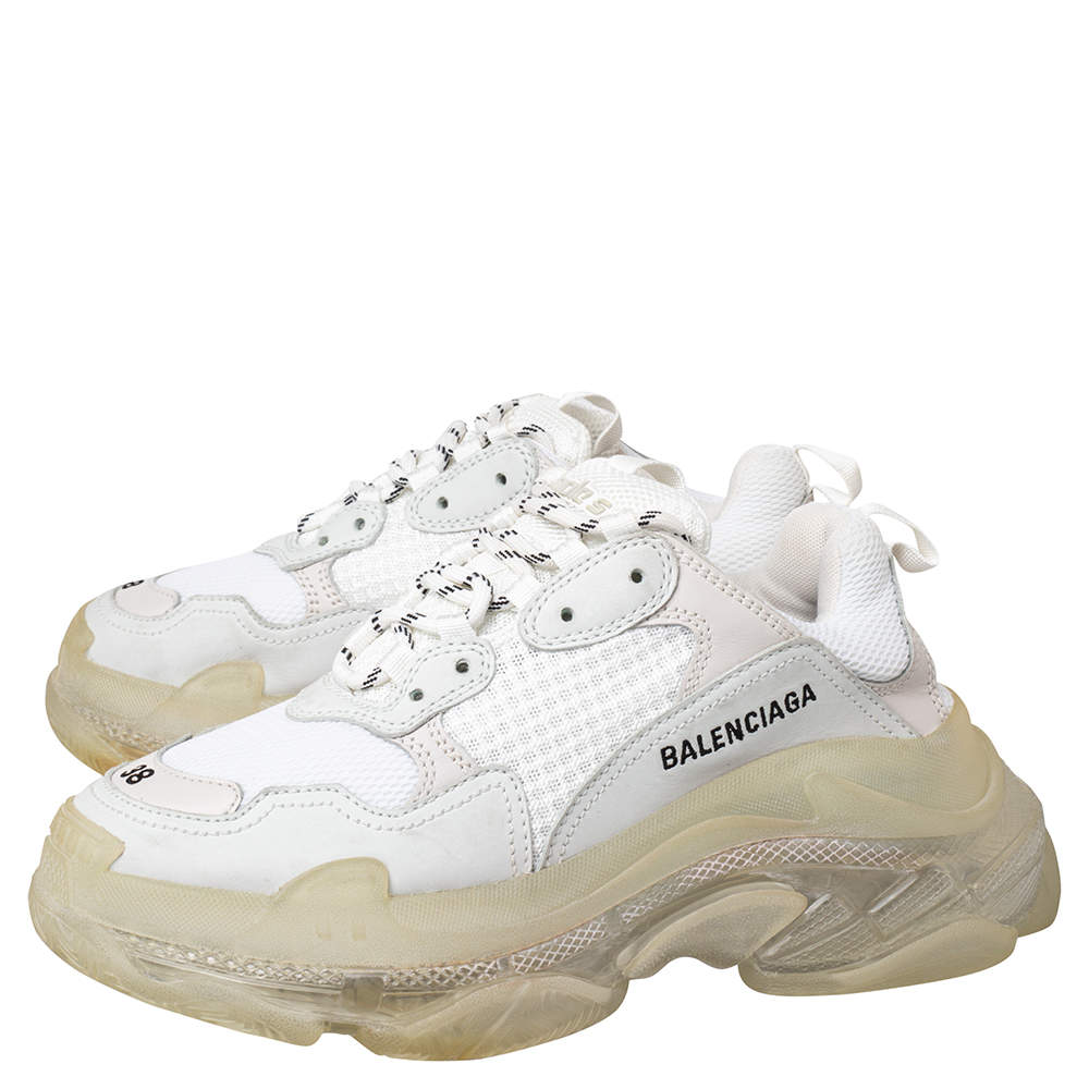 Original Balenciaga White Mesh And Leather Triple S Clear Sole Low Top Sneakers Size 38