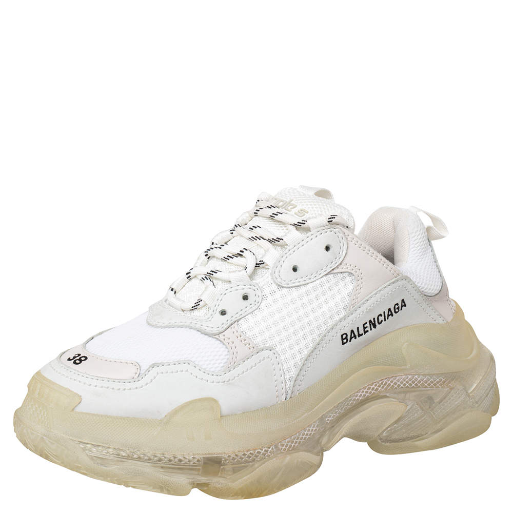 Original Balenciaga White Mesh And Leather Triple S Clear Sole Low Top Sneakers Size 38