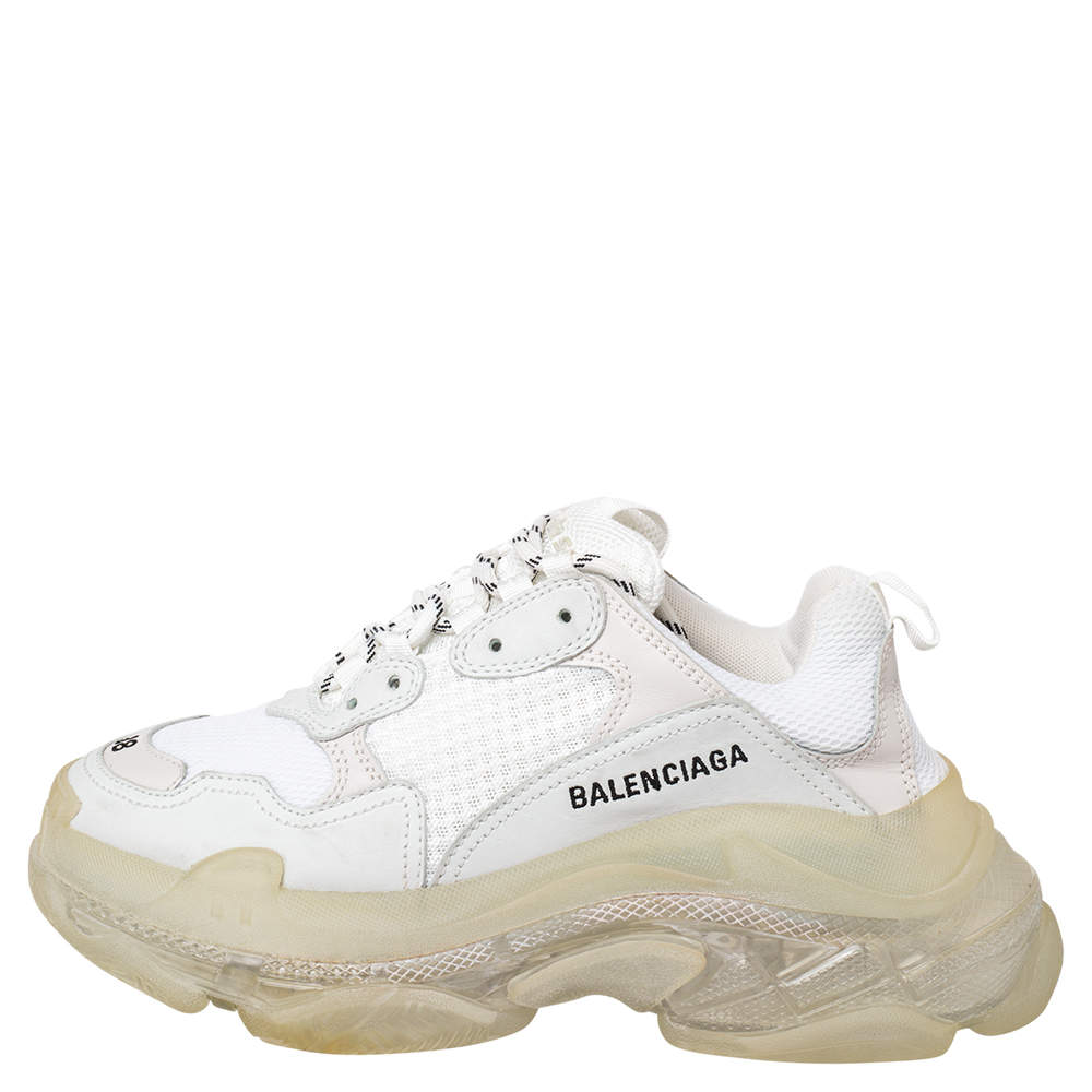 Original Balenciaga White Mesh And Leather Triple S Clear Sole Low Top Sneakers Size 38