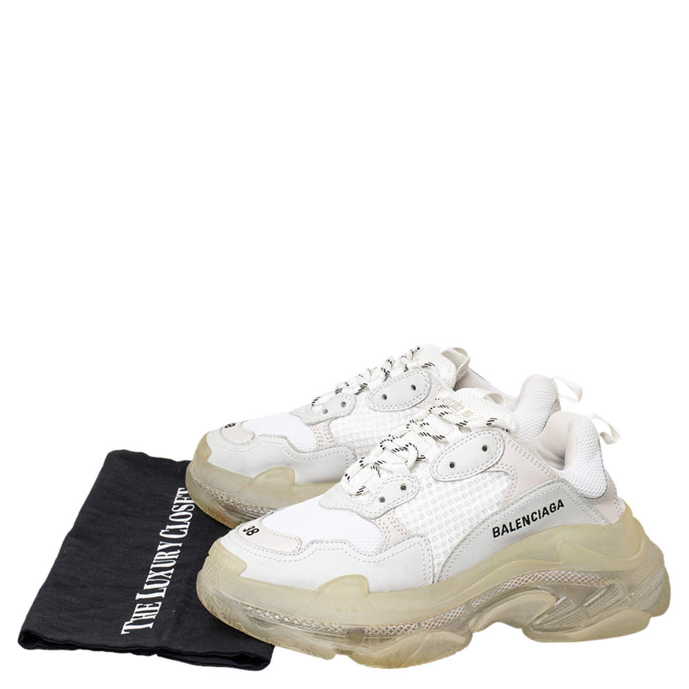 Original Balenciaga White Mesh And Leather Triple S Clear Sole Low Top Sneakers Size 38