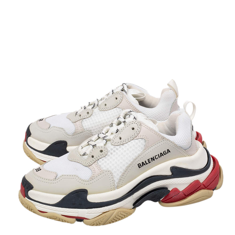 Original Balenciaga White/Grey Mesh And Leather Triple S Low Top Sneakers Size 38