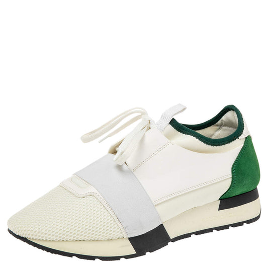 Original Balenciaga White/Green Mesh And Leather Race Runner Low Top Sneakers Size 40