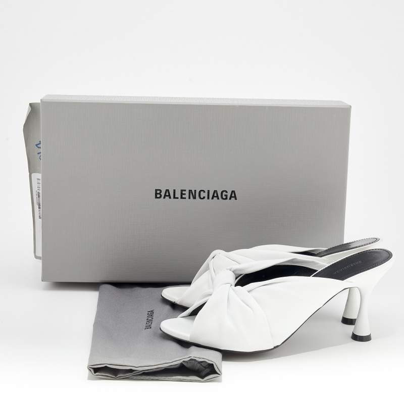 Original Balenciaga White Leather Drapy Knotted Slide Sandals Size 37.5