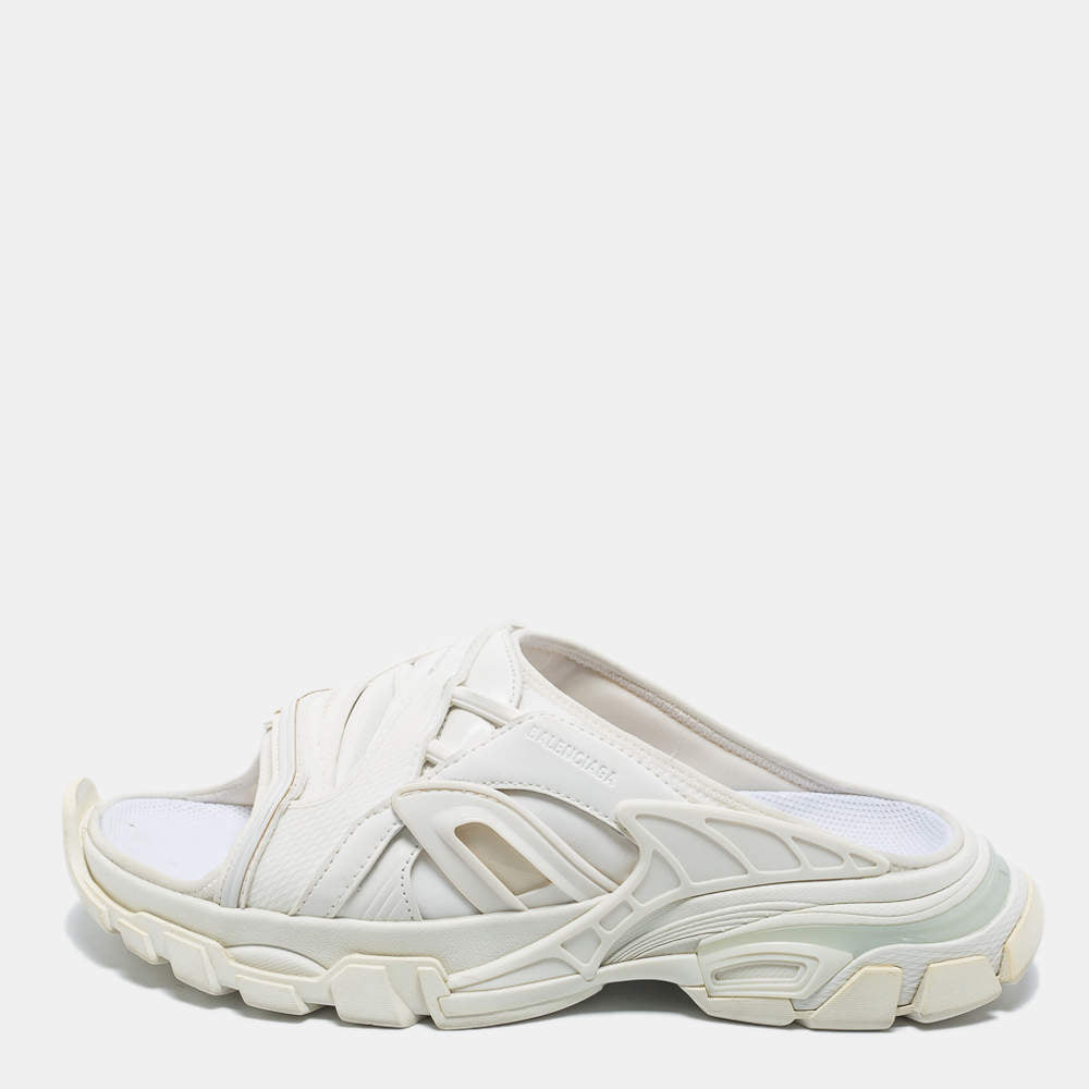 Original Balenciaga White Synthetic Leather and Rubber Track Flat Slides Size 39