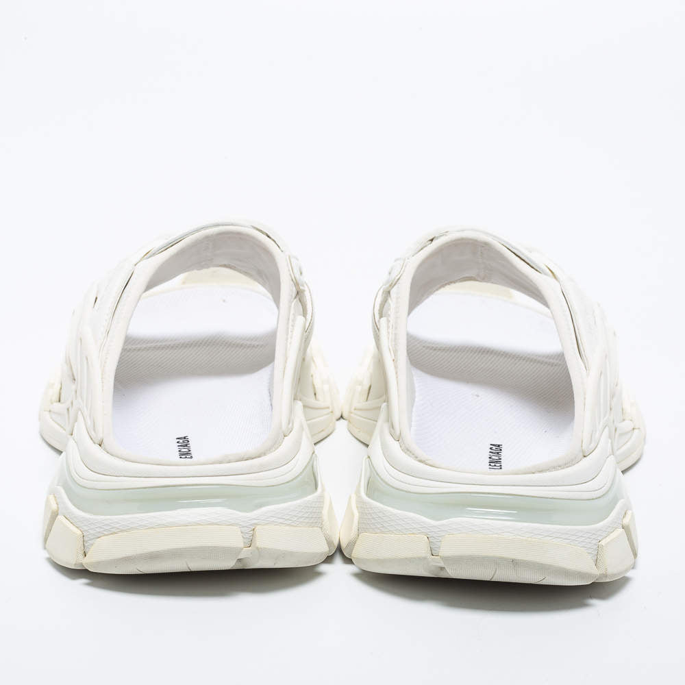 Original Balenciaga White Synthetic Leather and Rubber Track Flat Slides Size 39