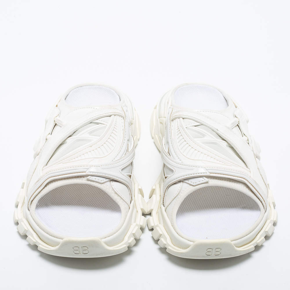 Original Balenciaga White Synthetic Leather and Rubber Track Flat Slides Size 39