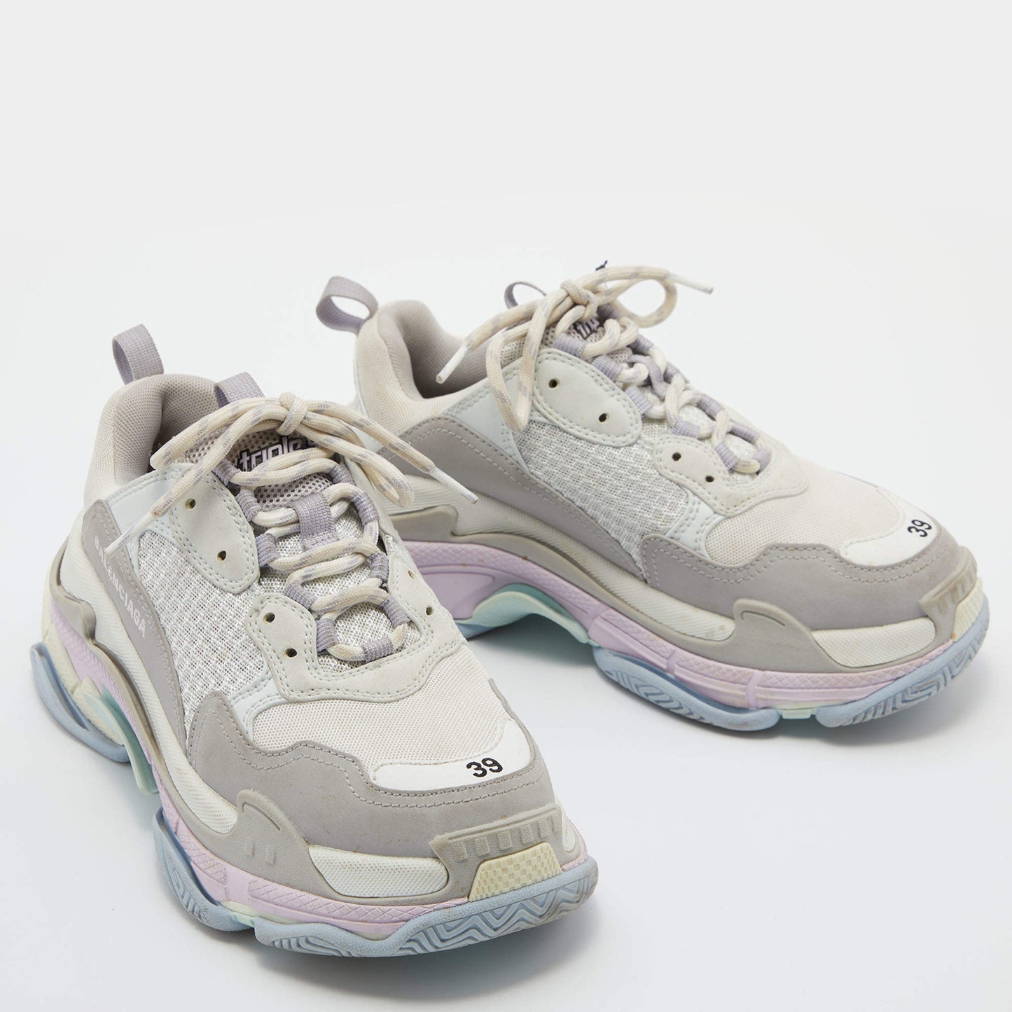 Original Balenciaga Off White/Grey Mesh and Nubuck Triple S Lace Up Sneakers Size 39