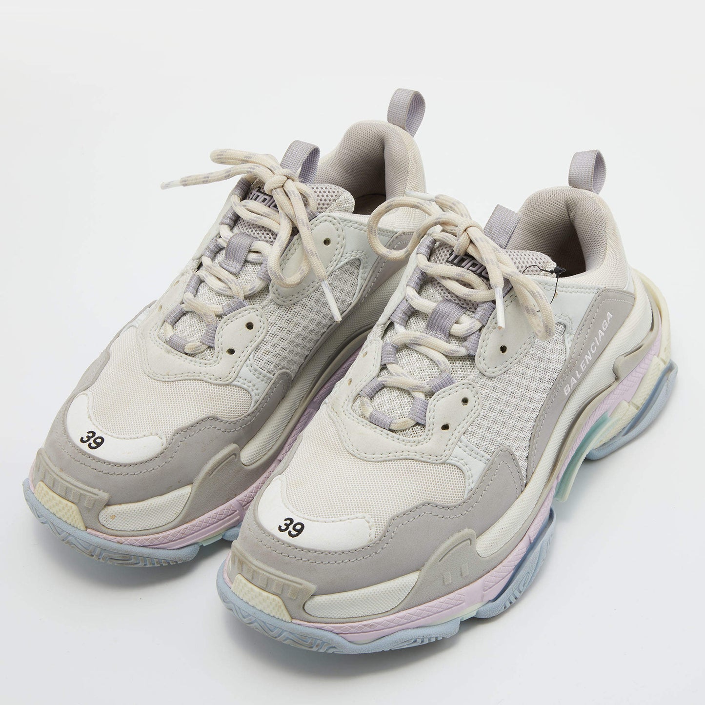 Original Balenciaga Off White/Grey Mesh and Nubuck Triple S Lace Up Sneakers Size 39