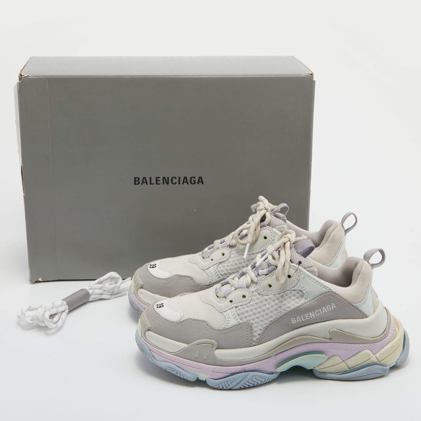 Original Balenciaga Off White/Grey Mesh and Nubuck Triple S Lace Up Sneakers Size 39