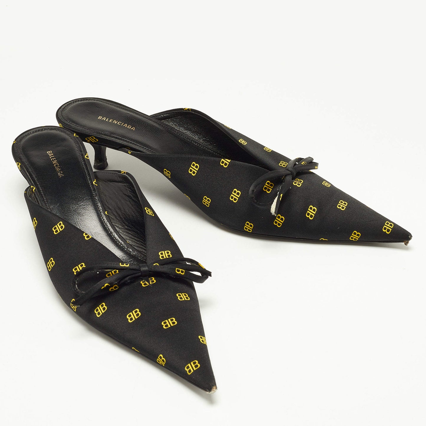 Original Balenciaga Black/Yellow BB Print Satin Bow Knife Mules Size 37