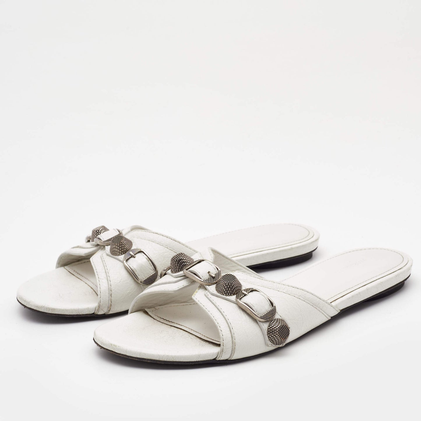 Original Balenciaga White  Leather Cagole Flat Slides Size 36