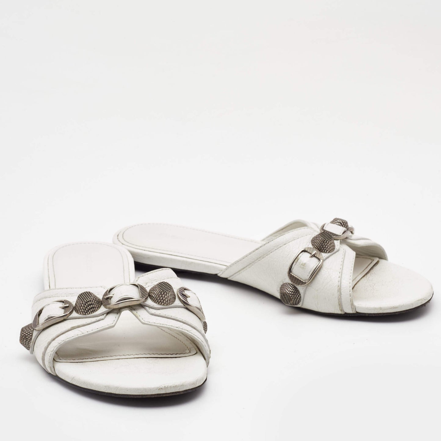 Original Balenciaga White  Leather Cagole Flat Slides Size 36