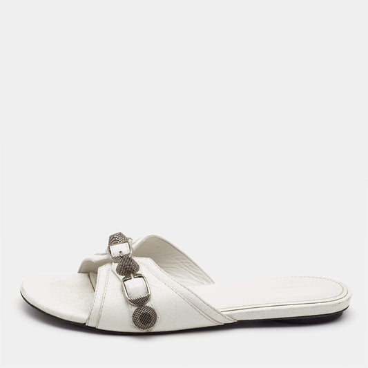 Original Balenciaga White  Leather Cagole Flat Slides Size 36