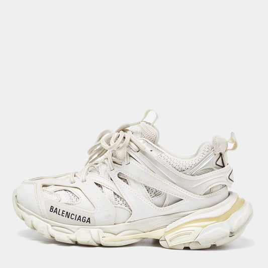 Original Balenciaga White Faux Leather and Mesh Track Sneakers Size 36