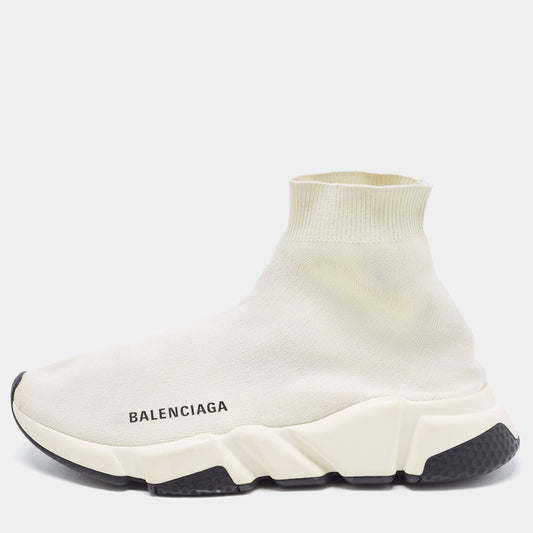 Original Balenciaga White Knit Fabric Speed High Top  Sneakers Size 38