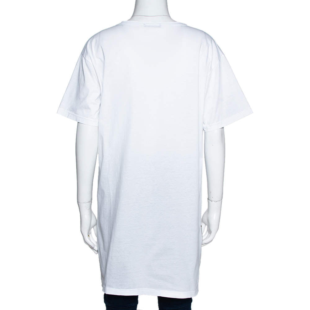 Original Balmain White Logo Print Cotton Side Zip Detail Oversized T-Shirt L