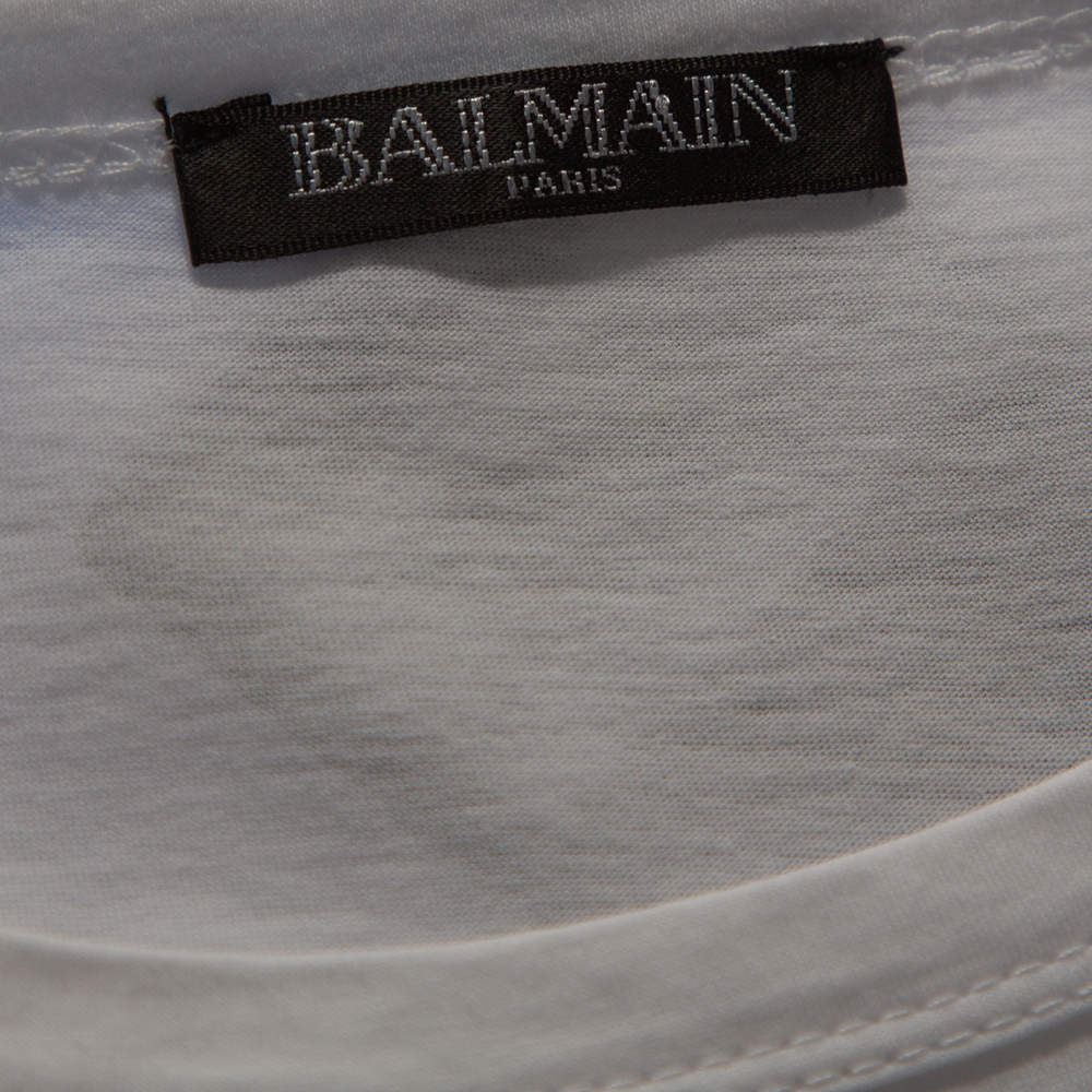 Original Balmain White Logo Print Cotton Side Zip Detail Oversized T-Shirt L