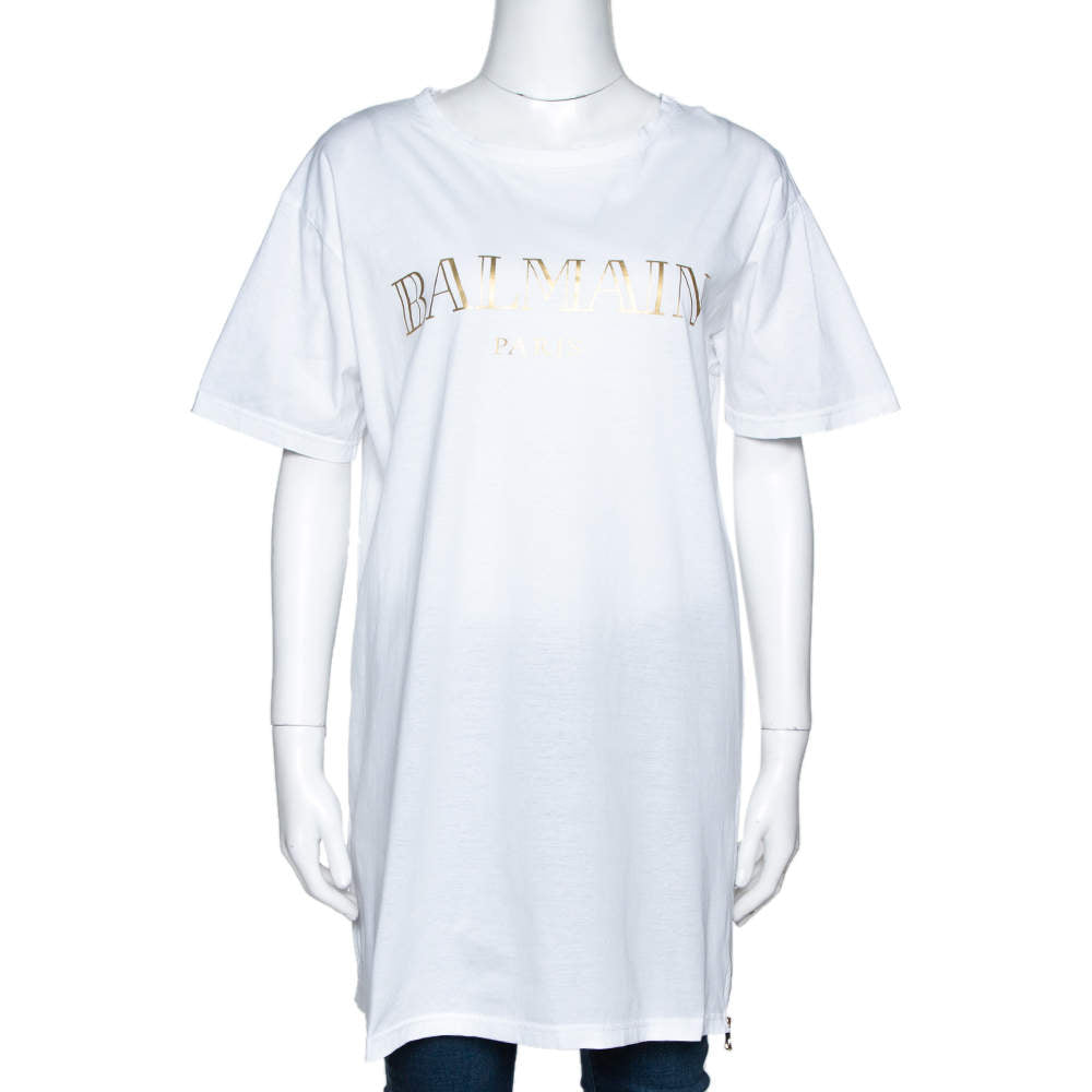 Original Balmain White Logo Print Cotton Side Zip Detail Oversized T-Shirt L