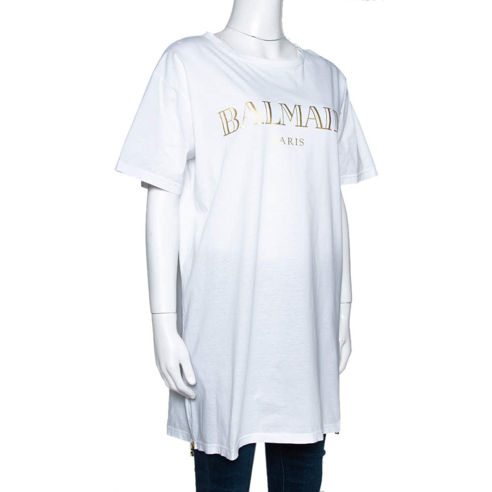 Original Balmain White Logo Print Cotton Side Zip Detail Oversized T-Shirt L