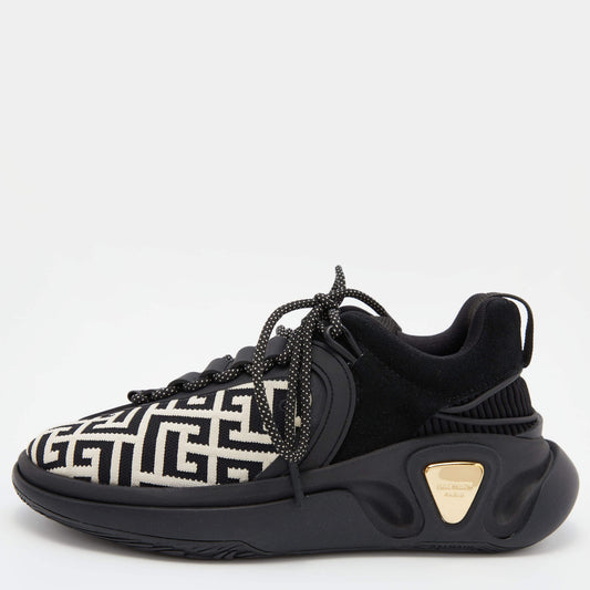 Original Balmain Black/White Monogram Fabric and Suede Lace Up Sneakers Size 38