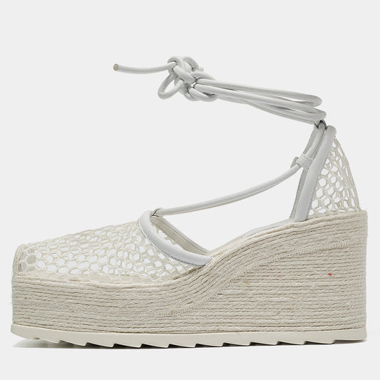 Original Bottega Veneta White Mesh and Leather Wedge Platform Espadrille Ankle Wrap Sandals Size 39 (Never Used)