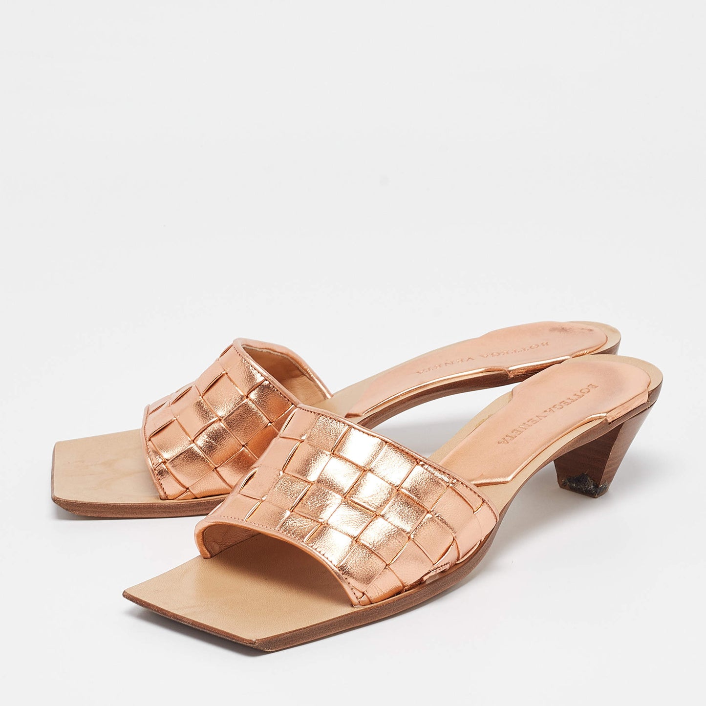 Original Bottega Veneta Rose Gold Intrecciato Leather Slide Sandals Size 39