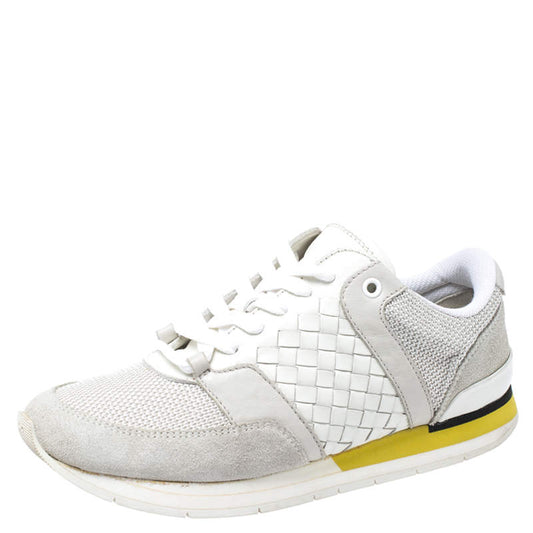 Original Bottega Veneta White Intrecciato Leather, Mesh and Suede Lace Up Sneakers Size 39.5