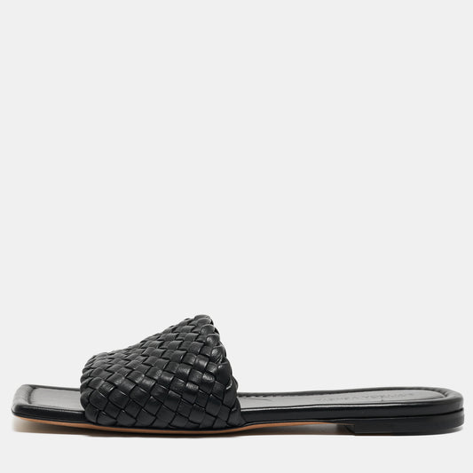 Original Bottega Veneta Black Intrecciato Leather Flat Slides Size 39