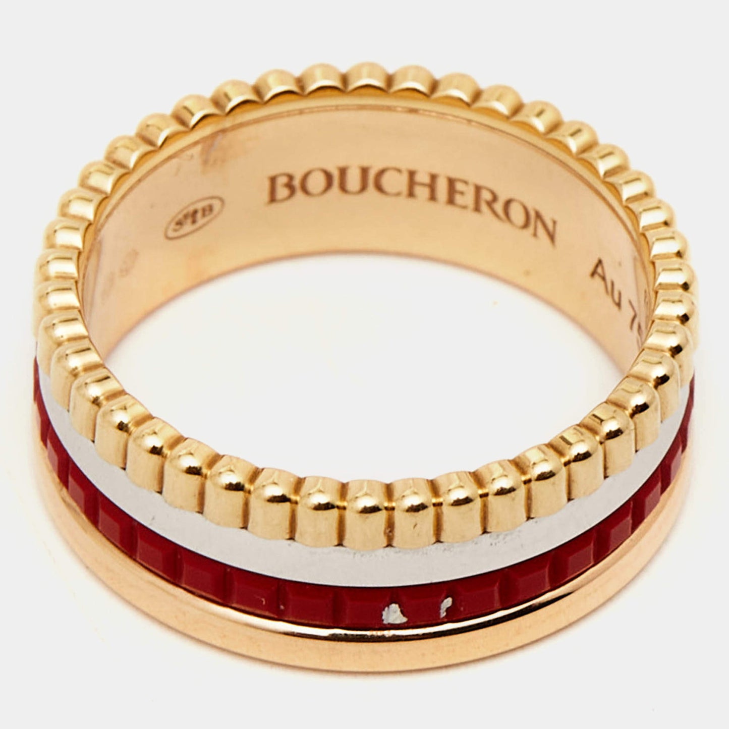 Original Boucheron Quatre Red Edition Ceramic 18k Three Tone Gold Ring Size 50