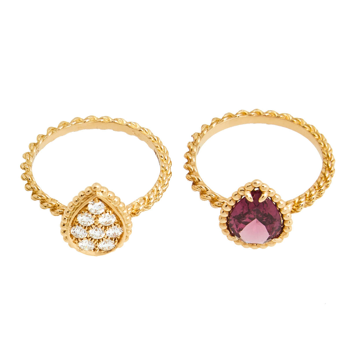 Original Boucheron Serpent Boheme S Motif Diamond and Rhodolite Garnet 18k Rose Gold Set of 2 Rings Size 52