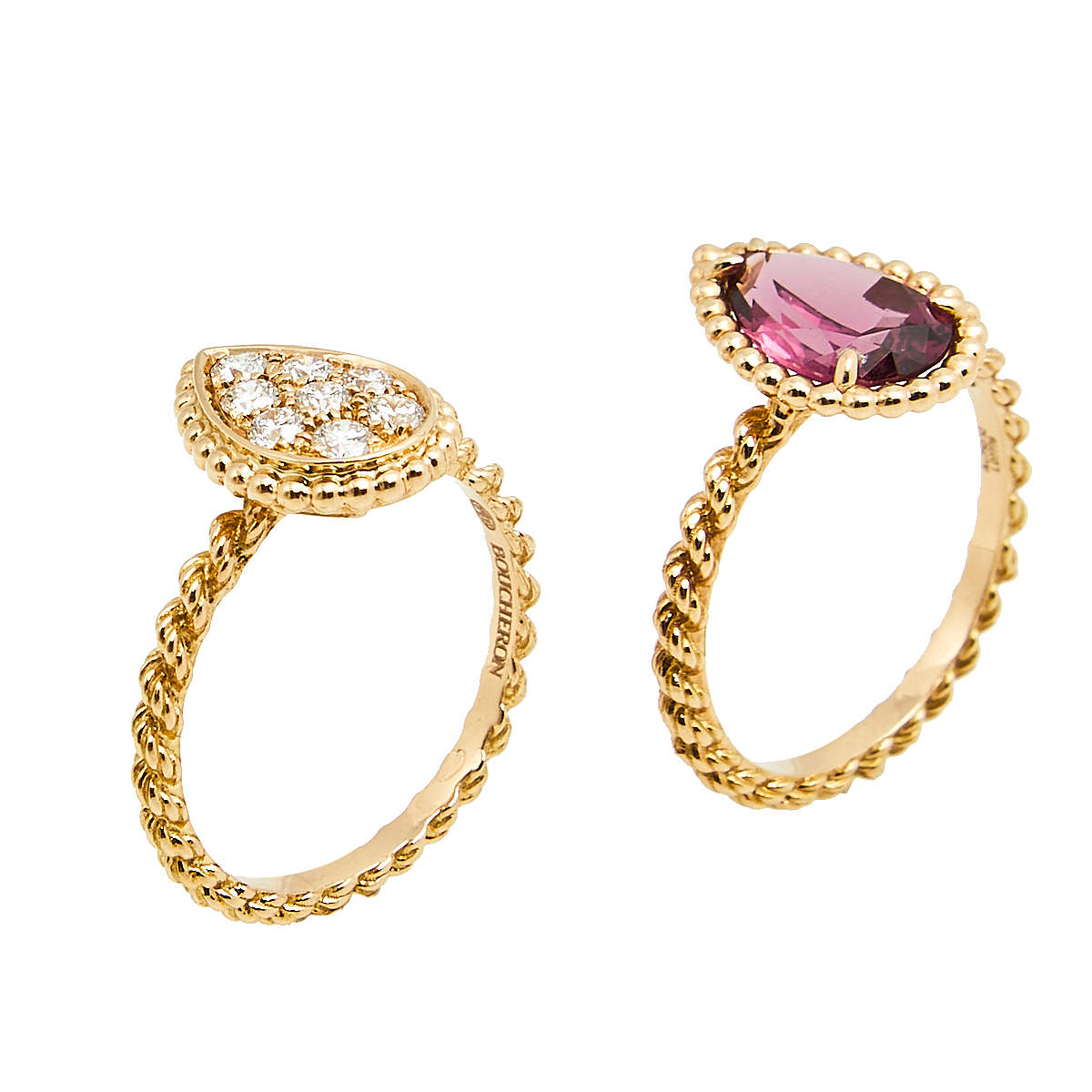 Original Boucheron Serpent Boheme S Motif Diamond and Rhodolite Garnet 18k Rose Gold Set of 2 Rings Size 52