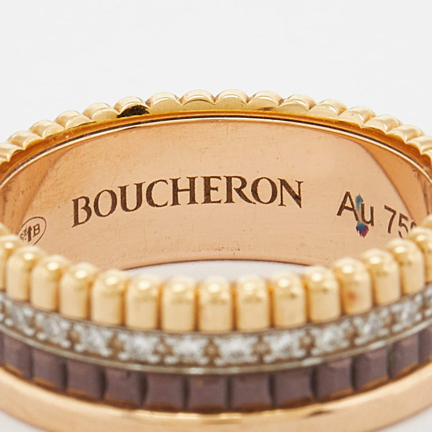 Original Boucheron Quatre Classique Diamonds 18k Three Tone Gold Small Band Ring Size 51