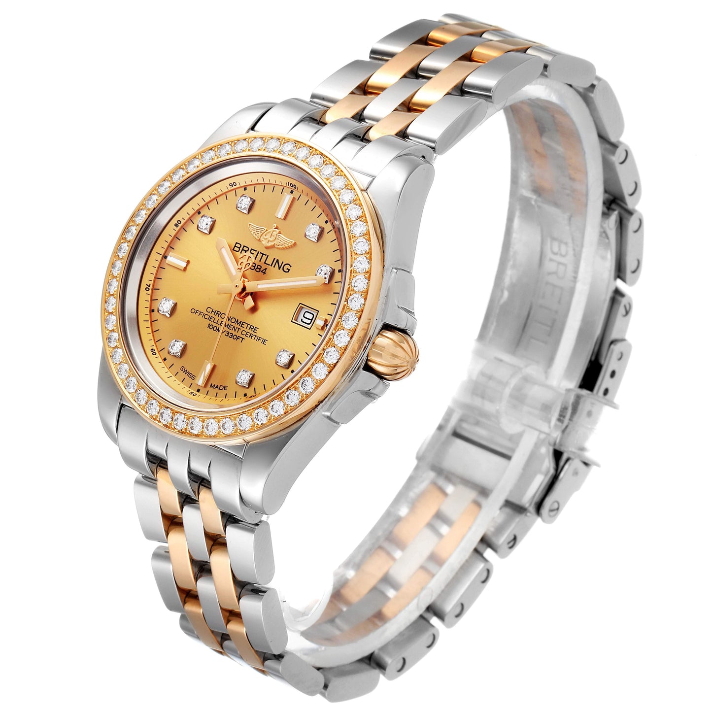 Original Breitling Champagne Diamonds 18K Rose Gold And Stainless Steel Galactic C71330 Women's Wristwatch 32 MM