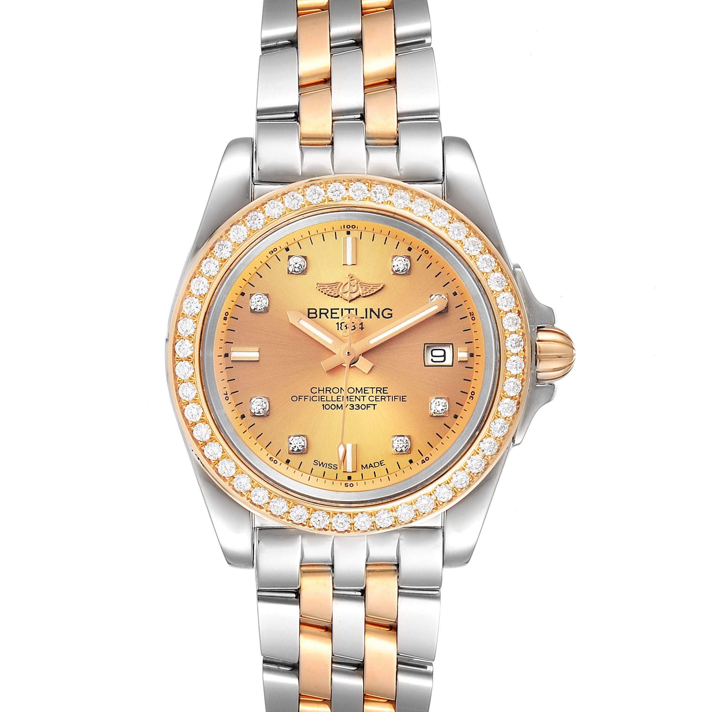 Original Breitling Champagne Diamonds 18K Rose Gold And Stainless Steel Galactic C71330 Women's Wristwatch 32 MM