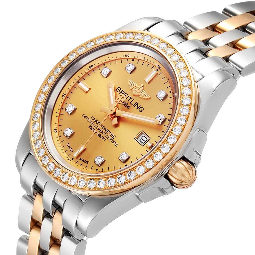 Original Breitling Champagne Diamonds 18K Rose Gold And Stainless Steel Galactic C71330 Women's Wristwatch 32 MM