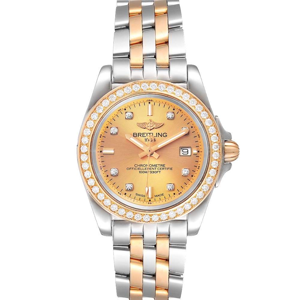 Original Breitling Champagne Diamonds 18K Rose Gold And Stainless Steel Galactic C71330 Women's Wristwatch 32 MM