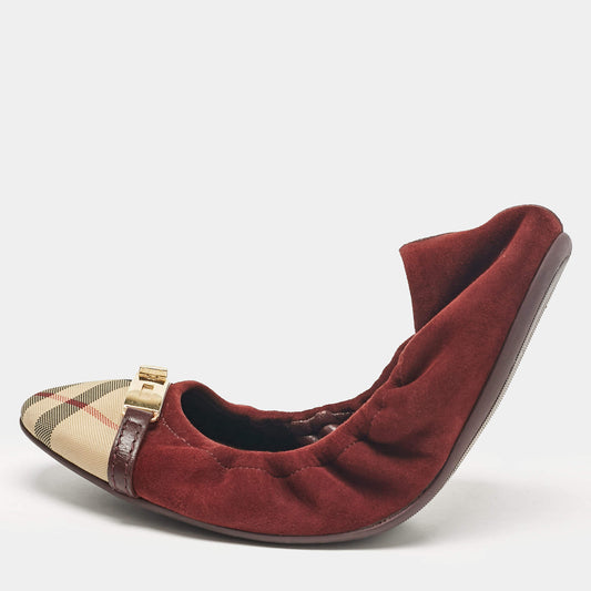 Original Burberry Burgundy Suede and Canvas Ballet Flats Size 39.5