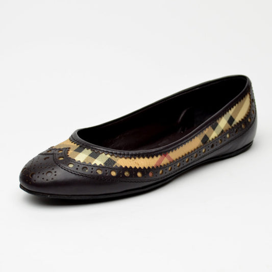 Original Burberry Tudor Haymarket Brogue Ballerina Flats Size 36.5