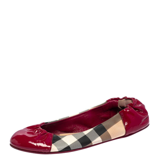 Original Burberry Pink Patent Leather and Nova Check Coated Canvas Scrunch Flats Size 38