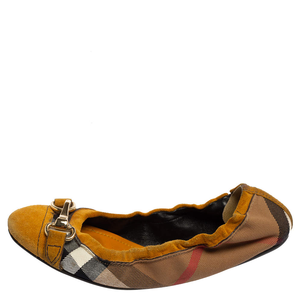 Original Burberry Yellow/Black Nova Check Suede And Canvas Scrunch Ballet Flats Size 39