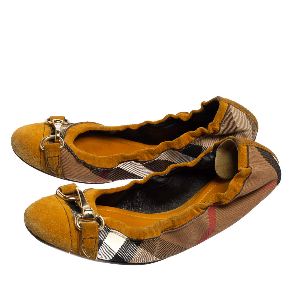 Original Burberry Yellow/Black Nova Check Suede And Canvas Scrunch Ballet Flats Size 39