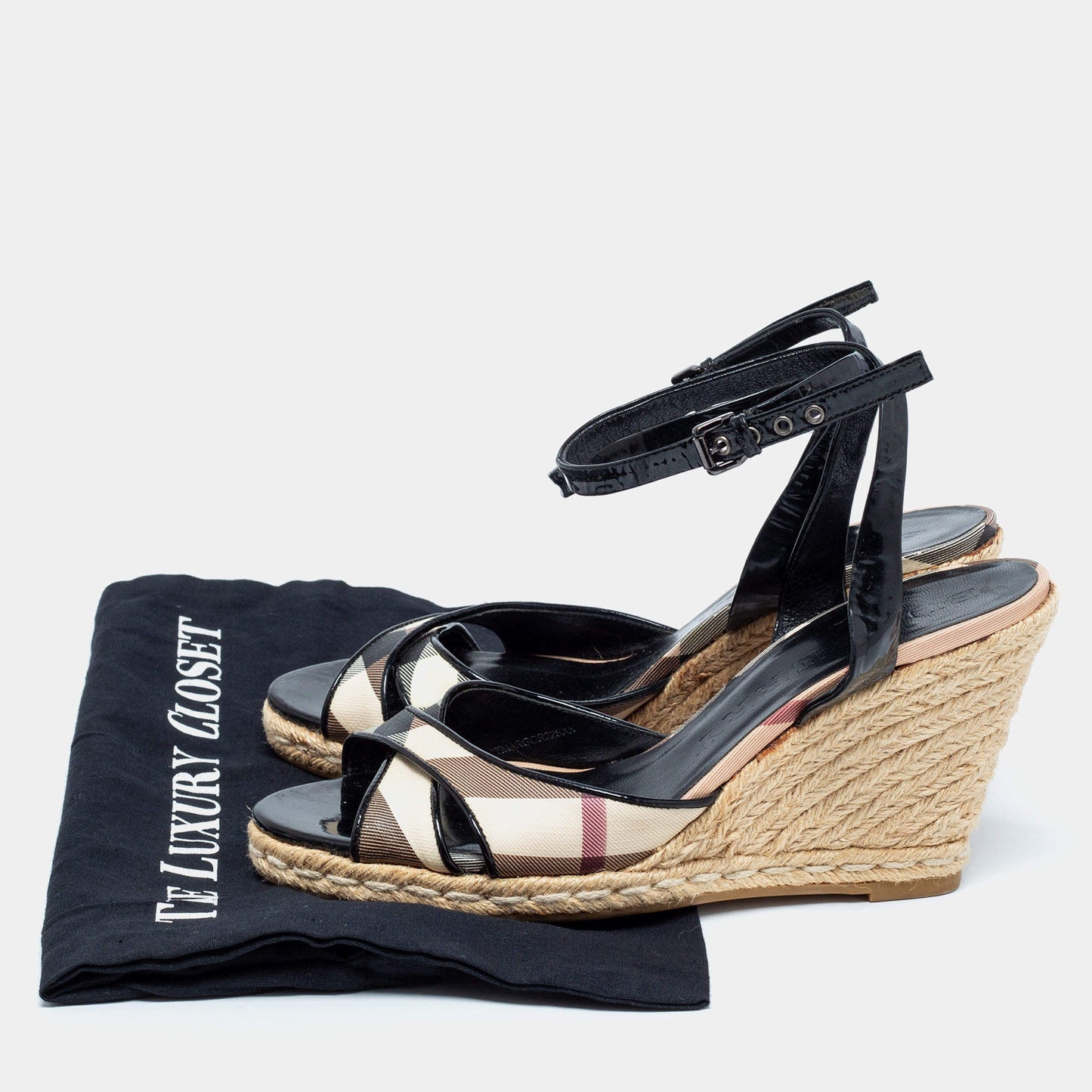 Original Burberry Tri-Color Nova Check Canvas and Patent Leather Espadrille Wedge Ankle-Strap Sandals Size 40