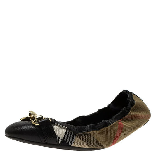 Original Burberry Beige Nova Check Canvas and Black Leather Shipley Ballerina Flats Size 37.5