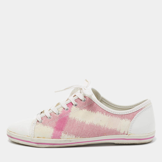 Original Burberry Pink/White Leather and Canvas Cap Toe Low Top Sneakers Size 41