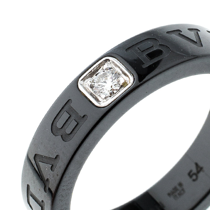 Original Bvlgari Diamond Black Ceramic Band Ring Size 54